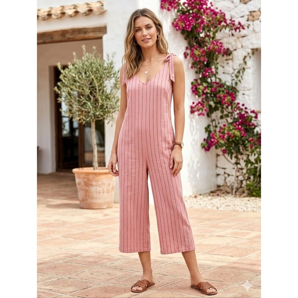URBAN Romantics Pink Pinstripe Linen-Blend Jumpsuit Coastal Casual Size S